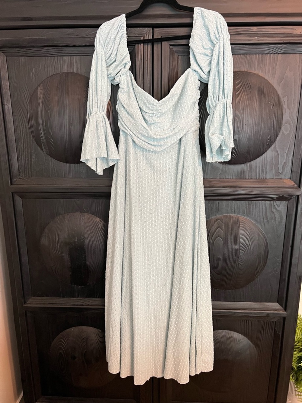 Light Blue Maxi Dress with Draped Neckline and Puff Sleeves
